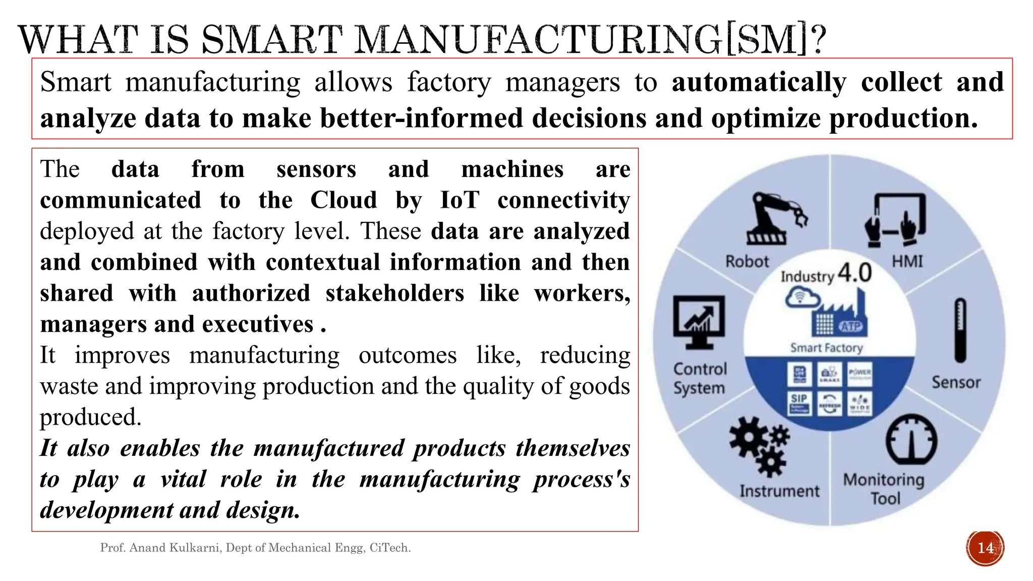 Prof. Anand Kulkarni, Dept of Mechanical Engg, CiTech. 14
Smart manufacturing allows factory managers to automatically collect and
analyze data to make better-informed decisions and optimize production.
The data from sensors and machines are
communicated to the Cloud by IoT connectivity
deployed at the factory level. These data are analyzed
and combined with contextual information and then
shared with authorized stakeholders like workers,
managers and executives .
It improves manufacturing outcomes like, reducing
waste and improving production and the quality of goods
produced.
It also enables the manufactured products themselves
to play a vital role in the manufacturing process's
development and design.
 