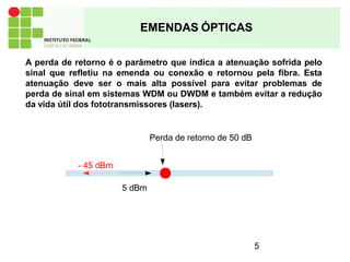 EMENDAS ÓPTICAS
A perda de retorno é o parâmetro que indica a atenuação sofrida pelo
sinal que refletiu na emenda ou conexão e retornou pela fibra. Esta
atenuação deve ser o mais alta possível para evitar problemas de
perda de sinal em sistemas WDM ou DWDM e também evitar a redução
da vida útil dos fototransmissores (lasers).
Perda de retorno de 50 dB
- 45 dBm
5 dBm
5
 