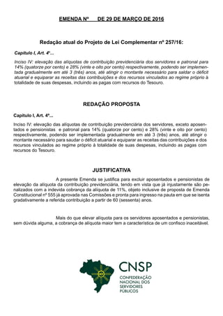 EMENDA Nº DE 29 DE MARÇO DE 2016
Redação atual do Projeto de Lei Complementar nº 257/16:
REDAÇÃO PROPOSTA
	
JUSTIFICATIVA
A presente Emenda se justifica para excluir aposentados e pensionistas de
elevação da alíquota da contribuição previdenciária, tendo em vista que já injustamente são pe-
nalizados com a indevida cobrança da alíquota de 11%, objeto inclusive de proposta de Emenda
Constitucional nº 555 já aprovada nas Comissões e pronta para ingresso na pauta em que se isenta
gradativamente a referida contribuição a partir de 60 (sessenta) anos.
Mais do que elevar alíquota para os servidores aposentados e pensionistas,
sem dúvida alguma, a cobrança de alíquota maior tem a característica de um confisco inaceitável.
Capítulo I, Art. 4º...
Inciso IV: elevação das alíquotas de contribuição previdenciária dos servidores e patronal para
14% (quatorze por cento) e 28% (vinte e oito por cento) respectivamente, podendo ser implemen-
tada gradualmente em até 3 (três) anos, até atingir o montante necessário para saldar o déficit
atuarial e equiparar as receitas das contribuições e dos recursos vinculados ao regime próprio à
totalidade de suas despesas, incluindo as pagas com recursos do Tesouro.
Capítulo I, Art. 4º...
Inciso IV: elevação das alíquotas de contribuição previdenciária dos servidores, exceto aposen-
tados e pensionistas e patronal para 14% (quatorze por cento) e 28% (vinte e oito por cento)
respectivamente, podendo ser implementada gradualmente em até 3 (três) anos, até atingir o
montante necessário para saudar o déficit atuarial e equiparar as receitas das contribuições e dos
recursos vinculados ao regime próprio à totalidade de suas despesas, incluindo as pagas com
recursos do Tesouro.
 