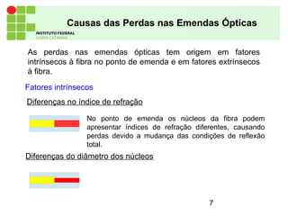 7
Causas das Perdas nas Emendas Ópticas
As perdas nas emendas ópticas tem origem em fatores
intrínsecos à fibra no ponto de emenda e em fatores extrínsecos
à fibra.
Fatores intrínsecos
No ponto de emenda os núcleos da fibra podem
apresentar índices de refração diferentes, causando
perdas devido a mudança das condições de reflexão
total.
Diferenças no índice de refração
Diferenças do diâmetro dos núcleos
 
