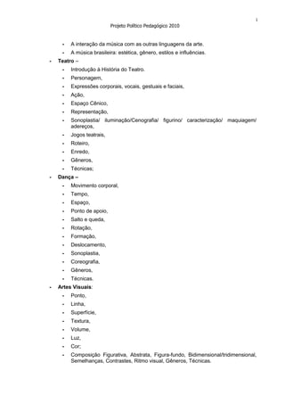 1
                           Projeto Político Pedagógico 2010


     -   A interação da música com as outras linguagens da arte.
     -   A música brasileira: estética, gênero, estilos e influências.
-   Teatro –
     -   Introdução à História do Teatro.
     -   Personagem,
     -   Expressões corporais, vocais, gestuais e faciais,
     -   Ação,
     -   Espaço Cênico,
     -   Representação,
     -   Sonoplastia/ iluminação/Cenografia/ figurino/ caracterização/ maquiagem/
         adereços,
     -   Jogos teatrais,
     -   Roteiro,
     -   Enredo,
     -   Gêneros,
     -   Técnicas;
-   Dança –
     -   Movimento corporal,
     -   Tempo,
     -   Espaço,
     -   Ponto de apoio,
     -   Salto e queda,
     -   Rotação,
     -   Formação,
     -   Deslocamento,
     -   Sonoplastia,
     -   Coreografia,
     -   Gêneros,
     -   Técnicas.
-   Artes Visuais:
     -   Ponto,
     -   Linha,
     -   Superfície,
     -   Textura,
     -   Volume,
     -   Luz,
     -   Cor;
     -   Composição Figurativa, Abstrata, Figura-fundo, Bidimensional/tridimensional,
         Semelhanças, Contrastes, Ritmo visual, Gêneros, Técnicas.
 