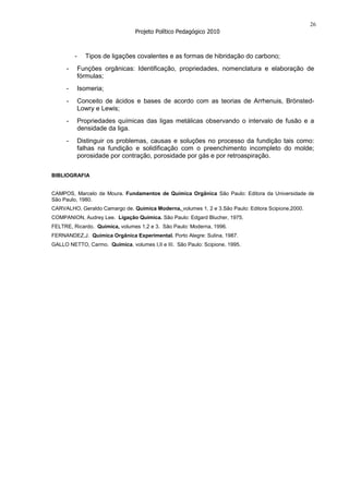 26
                                 Projeto Político Pedagógico 2010



         -     Tipos de ligações covalentes e as formas de hibridação do carbono;
     -       Funções orgânicas: Identificação, propriedades, nomenclatura e elaboração de
             fórmulas;
     -       Isomeria;
     -       Conceito de ácidos e bases de acordo com as teorias de Arrhenuis, Brönsted-
             Lowry e Lewis;
     -       Propriedades químicas das ligas metálicas observando o intervalo de fusão e a
             densidade da liga.
     -       Distinguir os problemas, causas e soluções no processo da fundição tais como:
             falhas na fundição e solidificação com o preenchimento incompleto do molde;
             porosidade por contração, porosidade por gás e por retroaspiração.

BIBLIOGRAFIA


CAMPOS, Marcelo de Moura. Fundamentos de Química Orgânica São Paulo: Editora da Universidade de
São Paulo, 1980.
CARVALHO, Geraldo Camargo de. Química Moderna, volumes 1, 2 e 3.São Paulo: Editora Scipione,2000.
COMPANION, Audrey Lee. Ligação Química. São Paulo: Edgard Blucher, 1975.
FELTRE, Ricardo. Química, volumes 1,2 e 3. São Paulo: Moderna, 1996.
FERNANDEZ,J. Química Orgânica Experimental. Porto Alegre: Sulina, 1987.
GALLO NETTO, Carmo. Química, volumes I,II e III. São Paulo: Scipione, 1995.
 