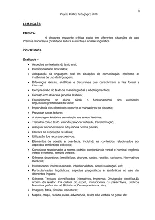 30
                            Projeto Político Pedagógico 2010


LEM-INGLÊS


EMENTA:
                  O discurso enquanto prática social em diferentes situações de uso.
Práticas discursivas (oralidade, leitura e escrita) e análise lingüística.


CONTEÚDOS:


Oralidade –
      Aspectos contextuais do texto oral;
      Intencionalidade dos textos;
      Adequação da linguagem oral em situações de comunicação, conforme as
      instâncias de uso da linguagem;
      Diferenças léxicas, sintáticas e discursivas que caracterizam a fala formal e
      informal;
      Compreensão do texto de maneira global e não fragmentada;
      Contato com diversos gêneros textuais;
      Entendimento      do     aluno     sobre    o     funcionamento      dos     elementos
      lingüísticos/gramaticais do texto;
      Importância dos elementos coesivos e marcadores de discurso;
      Provocar outras leituras;
      A abordagem histórica em relação aos textos literários;
      Trabalho com o texto visando provocar reflexão, transformação;
      Adequar o conhecimento adquirido à norma padrão;
      Clareza na exposição de idéias;
      Utilização dos recursos coesivos;
      Elementos de coesão e coerência, incluindo os conteúdos relacionados aos
      aspectos semânticos e léxicos;
      Conteúdos relacionados à norma padrão: concordância verbal e nominal, regência
      verbal e nominal, tempos verbais;
      Gêneros discursivos: jornalísticos, charges, cartas, receitas, cartoons, informativos,
      literários;
      Interdiscurso: intertextualidade, intencionalidade, contextualização, etc;
      Particularidades lingüísticas: aspectos pragmáticos e semânticos no uso das
      diferentes línguas;
      Gêneros Textuais diversificados (Narrativos, Imprensa, Divulgação científica,Da
      ordem do relator, Da ordem do expor, Instrucionais ou prescritivos, Lúdicos,
      Narrativa gráfica visual, Midiáticos, Correspondência, etc);
      Imagens, fotos, pinturas, esculturas;
      Mapas, croqui, recado, aviso, advertência, textos não verbais no geral, etc.
 