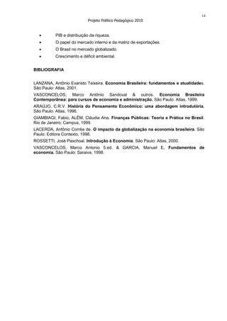14
                           Projeto Político Pedagógico 2010


          PIB e distribuição da riqueza.
          O papel do mercado interno e da matriz de exportações.
          O Brasil no mercado globalizado.
          Crescimento e déficit ambiental.


BIBLIOGRAFIA


LANZANA, Antônio Evaristo Teixeira. Economia Brasileira: fundamentos e atualidades.
São Paulo: Atlas, 2001.
VASCONCELOS, Marco Antônio Sandoval & outros. Economia Brasileira
Contemporânea: para cursos de economia e administração. São Paulo: Atlas, 1999.
ARAÚJO, C.R.V. História do Pensamento Econômico: uma abordagem introdutória.
São Paulo: Atlas, 1996.
GIAMBIAGI, Fabio; ALËM, Cláudia Ana. Finanças Públicas: Teoria e Prática no Brasil.
Rio de Janeiro: Campus, 1999.
LACERDA, Antônio Corrêa de. O impacto da globalização na economia brasileira. São
Paulo: Editora Contexto, 1998.
ROSSETTI, José Paschoal. Introdução à Economia. São Paulo: Atlas, 2000.
VASCONCELOS, Marco Antonio 5.ed. & GARCIA, Manuel E. Fundamentos de
economia. São Paulo: Saraiva, 1998.
 