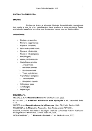 17
                              Projeto Político Pedagógico 2010


MATEMÁTICA FINANCEIRA.


EMENTA:


                  Revisão de álgebra e aritmética; Regimes de capitalização: conceitos de
juro, capital e taxa de juros; capitalização a juros simples e a juros compostos; Taxas:
equivalência; taxa efetiva e nominal; taxa de desconto. Uso de recursos da informática.


CONTEÚDOS:


         Razões e proporções;
         Números proporcionais;
         Regra de sociedade;
         Grandezas proporcionais;
         Regra de três simples;
         Regra de três composta;
         Porcentagem;
         Operações Comerciais;
         Capitalização simples:
           Juros simples,
           Descontos simples,
           Montante simples,
           Taxas equivalentes;
         Capitalização composta:
           Juro composto,
           Desconto composto;
         Cálculos de taxas;
         Amortização;
         Depreciação.


BIBLIOGRAFIA
ARAÚJO, C. R. V. Matemática Financeira. São Paulo: Atlas. 2000.
ASSAF NETO, A. Matemática Financeira e suas Aplicações. 8. ed. São Paulo: Atlas,
2003.
CRESPO, A. A. Matemática Comercial e Financeira. 13.ed. São Paulo: Saraiva, 2002.
MENDONÇA, L. G. Matemática Financeira. 3 ed. Rio de Janeiro: FGV, 2004.
PARANÁ, Secretaria do Estado da Educação, Diretrizes Curriculares da Rede Pública de
Educação Básica: Matemática. Curitiba: SEED-PR, 2006.
VIEIRA SOBRINHO, J. D. Matemática Financeira. 7.ed. São Paulo: Atlas, 2000.
 