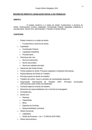 18
                                   Projeto Político Pedagógico 2010


NOÇÕES DE DIREITO E LEGISLAÇÃO SOCIAL E DO TRABALHO


EMENTA


                  O estado moderno e a noção de direito: fundamentos e doutrina do
direito. Ordenamento Jurídico Legislação: Constituição Federal, legislação trabalhista e
previdenciária. Direito Civil, Administrativo, Tributário e Direito Difuso.


CONTEÚDO


    -       Estado moderno e a noção de direito:
        -      Fundamentos e doutrina do direito.
            Legislação:
               Constituição Federal,
               Legislação trabalhista
               Previdenciária.
            Hierarquia das Leis:
               Norma fundamental,
               Norma secundária
               Norma de validade derivada;
            Hierarquia das fontes formais.
            Fontes estatais do direito; Processo Legislativo e Espécies Normativas.
            Noções Básicas de Direito do Trabalho.
            Princípios gerais do direito do trabalho.
            Trabalho da mulher, menor e portador de necessidades especiais.
            Organização Internacional do Trabalho                 (OIT):   Principais   convenções
            internacionais sobre direito do trabalhador.
            Conteúdo legal do contrato de trabalho;
            Elementos da responsabilidade civil e criminal do empregador.
            Competências.
            Direito Civil:
               Pessoas,
               Capacidade,
               Bens,
               Espécies de Contrato,
               Responsabilidade contratual.
            Direito Comercial:
               Legislação,
               Direito de Empresa – Lei n. 10.406 de 22/01/2002.
            Direito Administrativo:
 
