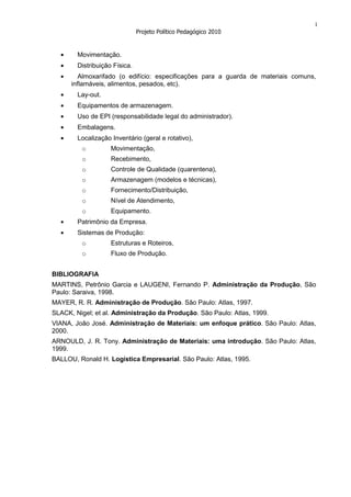 1
                               Projeto Político Pedagógico 2010


        Movimentação.
        Distribuição Física.
         Almoxarifado (o edifício: especificações para a guarda de materiais comuns,
      inflamáveis, alimentos, pesados, etc).
        Lay-out.
        Equipamentos de armazenagem.
        Uso de EPI (responsabilidade legal do administrador).
        Embalagens.
        Localização Inventário (geral e rotativo),
         o          Movimentação,
         o          Recebimento,
         o          Controle de Qualidade (quarentena),
         o          Armazenagem (modelos e técnicas),
         o          Fornecimento/Distribuição,
         o          Nível de Atendimento,
         o          Equipamento.
        Patrimônio da Empresa.
        Sistemas de Produção:
         o          Estruturas e Roteiros,
         o          Fluxo de Produção.


BIBLIOGRAFIA
MARTINS, Petrônio Garcia e LAUGENI, Fernando P. Administração da Produção, São
Paulo: Saraiva, 1998.
MAYER, R. R. Administração de Produção. São Paulo: Atlas, 1997.
SLACK, Nigel; et al. Administração da Produção. São Paulo: Atlas, 1999.
VIANA, João José. Administração de Materiais: um enfoque prático. São Paulo: Atlas,
2000.
ARNOULD, J. R. Tony. Administração de Materiais: uma introdução. São Paulo: Atlas,
1999.
BALLOU, Ronald H. Logística Empresarial. São Paulo: Atlas, 1995.
 