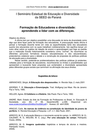Ementa Da Oficina E Bibliografia Sobre FormaçãO De Educadores E Diversidades