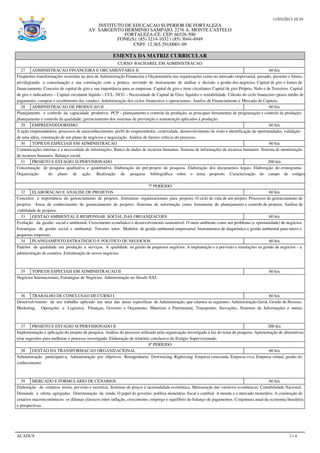 11/03/2013 10:34
INSTITUTO DE EDUCACAO SUPERIOR DE FORTALEZA
AV SARGENTO HERMINIO SAMPAIO, 2276 A. MONTE CASTELO
FORTALEZA-CE. CEP: 60326-500
FONE(S): (85) 3214-1032 / (85) 3044-4949
CNPJ: 12.365.291/0001-09
EMENTA DA MATRIZ CURRICULAR
CURSO: BACHAREL EM ADMINISTRACAO
27 ADMINISTRACAO FINANCEIRA E ORCAMENTARIA II 60 h/a
Freqüentes transformações ocorridas na área de Administração Financeira e Orçamentária nas organizações como no mercado empresarial, passado, presente e futuro,
privilegiando a conceituação e sua correlação com a prática, servindo de instrumento de análise e decisão e gestão dos negócios. Capital de giro e fontes de
financiamento. Conceito de capital de giro e sua importância para as empresas. Capital de giro e itens circulantes Capital de giro Próprio, Nulo e de Terceiros. Capital
de giro e indicadores – Capital circulante líquido – CCL. NCG – Necessidade de Capital de Giro; liquidez e rentabilidade. Cálculo do ciclo financeiro (prazo médio de
pagamento, compras e recebimento das vendas). Administração dos ciclos financeiros e operacionais. Analise de Financiamento e Mercado de Capitais.
28 ADMINISTRACAO DE PRODUCAO II 60 h/a
Planejamento e controle da capacidade produtiva; PCP – planejamento e controle da produção; as principais ferramentas de programação e controle da produção;
planejamento e controle da qualidade; gerenciamento dos sistemas de prevenção e manutenção aplicados à produção.
29 EMPREENDEDORISMO 60 h/a
A ação empreendedora, processos de autoconhecimento, perfil do empreendedor, criatividade, desenvolvimento da visão e identificação de oportunidades, validação
de uma idéia, construção de um plano de negócios e negociação. Análise de fatores críticos do processo.
30 TOPICOS ESPECIAIS EM ADMINISTRACAO 60 h/a
Comunicações internas e a necessidade de informações. Banco de dados de recursos humanos. Sistema de informações de recursos humanos. Sistema de monitoração
de recursos humanos. Balanço social.
31 PROJETO E ESTAGIO SUPERVISIONADO 200 h/a
Conceituação de pesquisa qualitativa e quantitativa. Elaboração do pré-projeto de pesquisa. Elaboração dos documentos legais. Elaboração do cronograma.
Organização do plano de ação. Realização de pesquisa bibliográfica sobre o tema proposto. Caracterização do campo de estágio.
7º PERÍODO
32 ELABORACAO E ANALISE DE PROJETOS 60 h/a
Conceitos e importância do gerenciamento de projetos. Estruturas organizacionais para projetos. O ciclo de vida de um projeto. Processos do gerenciamento de
projetos. Áreas de conhecimento do gerenciamento de projetos. Sistemas de informação como ferramenta de planejamento e controle de projetos. Análise de
viabilidade de projetos.
33 GESTAO AMBIENTAL E RESPONSAB SOCIAL DAS ORGANIZACOES 60 h/a
Evolução da gestão social e ambiental. Crescimento econômico e desenvolvimento sustentável. O meio ambiente como um problema (e oportunidade) de negócios.
Estratégias de gestão social e ambiental. Terceiro setor. Modelos de gestão ambiental empresarial. Instrumentos de diagnóstico e gestão ambiental para micro e
pequenas empresas.
34 PLANEJAMENTO ESTRATEGICO E POLITICO DE NEGOCIOS 60 h/a
Padrões de qualidade em produção e serviços. A qualidade na gestão de pequenos negócios. A implantação e a previsão e simulações na gestão de negócios – a
administração de cenários. Estruturação de novos negócios.
35 TOPICOS ESPECIAIS EM ADMINISTRACAO II 60 h/a
Negócios Internacionais, Estratégias de Negócios, Administração no Século XXI.
36 TRABALHO DE CONCLUSAO DE CURSO I 60 h/a
Desenvolvimento de um trabalho aplicado em uma das áreas específicas de Administração, que citamos as seguintes: Administração Geral, Gestão de Pessoas,
Marketing, Operações e Logística, Finanças, Governo e Orçamento, Materiais e Patrimonial, Transportes, Inovações, Sistemas de Informações e outras.
37 PROJETO E ESTAGIO SUPERVISIONADO II 200 h/a
Implementação e aplicação do projeto de pesquisa. Análise do processo utilizado pela organização investigada à luz do tema de pesquisa. Apresentação de alternativas
e/ou sugestões para melhorar o processo investigado. Elaboração de relatório conclusivo do Estágio Supervisionado.
8º PERÍODO
38 GESTAO DA TRANSFORMACAO ORGANIZACIONAL 60 h/a
Administração participativa, Administração por objetivos. Reengenharia. Downsizing. Righsizing. Empresa conectada. Empresa viva. Empresa virtual, gestão do
conhecimento.
39 MERCADO E FORMULARIO DE CENARIOS 60 h/a
Elaboração de cenários, teoria, previsão e incerteza. Sistemas de preços e racionalidade econômica. Mensuração das variáveis econômicas: Contabilidade Nacional.
Demanda e oferta agregadas. Determinação da renda. O papel do governo: política monetária, fiscal e cambial. A moeda e o mercado monetário. A construção de
cenários macroeconômicos: os dilemas clássicos entre inflação, crescimento, emprego e equilíbrio do balanço de pagamentos. Conjuntura atual da economia brasileira
e perspectivas.
ACADUS 3 / 4
 