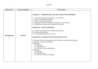 CENTEP


DISCIPLINA       CARGA HORÁRIA                                               CONTEÚDO


                                 UNIDADE I – TERMINOLOGIA DO TRATAMENTO DE MINÉRIOS

                                 1.1. Conceito de tratamento de minérios e seus objetivos.
                                 1.2. Tipos de Tratamento de minérios.
                                 1.3. Usina, circuitos e fluxogramas.
                                 1.4. Operações unitárias do tratamento de minérios e seus produtos.
                                 1.5. Justificativas econômicas do tratamento de minérios.

                                 UNIDADE II – GRANULOMETRIA

                                 2.1. Conceito de granulometria e tamanho das partículas.
                                 2.2. Escalas granulométricas.
                                 2.3. Análise granulométrica e suas curvas.
Beneficiamento      60 horas
       I                         UNIDADE III – COMINUIÇÃO OU FRAGMENTAÇÃO

                                 3.1.Conceito de Grau de liberação, tipos de liberação e métodos de determinação.
                                 3.2.Objetivos e tipos de cominuição.
                                 3.3.Britagem
                                    3.3.1 Métodos.
                                    3.3.2 Equipamentos.
                                    3.3.3 Circuitos e cálculo de Britagens.
                                 3.4.Moagem
                                    3.4.1 Métodos.
                                    3.4.2 Equipamentos.
                                    3.4.3 Circuito e cálculo de Moagens.
 