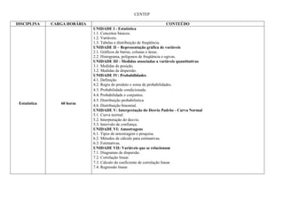 CENTEP

DISCIPLINA     CARGA HORÁRIA                                         CONTEÚDO
                               UNIDADE I - Estatística
                               1.1. Conceitos básicos.
                               1.2. Variáveis.
                               1.3. Tabelas e distribuição de freqüência.
                               UNIDADE II – Representação gráfica de variáveis
                               2.1. Gráficos de barras, colunas e áreas.
                               2.2. Histograma, polígonos de freqüência e ogivas.
                               UNIDADE III - Medidas associadas a variáveis quantitativas
                               3.1. Medidas de posição.
                               3.2. Medidas de dispersão.
                               UNIDADE IV: Probabilidades
                               4.1. Definição.
                               4.2. Regra do produto e soma de probabilidades.
                               4.3. Probabilidade condicionada.
                               4.4. Probabilidade e conjuntos.
                               4.5. Distribuição probabilística.
 Estatística      60 horas
                               4.6. Distribuição binomial.
                               UNIDADE V: Interpretação do Desvio Padrão - Curva Normal
                               5.1. Curva normal.
                               5.2. Interpretação do desvio.
                               5.3. Intervalo de confiança.
                               UNIDADE VI: Amostragens
                               6.1. Tipos de amostragem e pesquisa.
                               6.2. Métodos de cálculo para estimativas.
                               6.3. Estimativas.
                               UNIDADE VII: Variáveis que se relacionam
                               7.1. Diagramas de dispersão.
                               7.2. Correlação linear.
                               7.3. Cálculo do coeficiente de correlação linear.
                               7.4. Regressão linear.
 