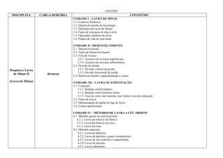 CENTEP
 DISCIPLINA        CARGA HORÁRIA                                                      CONTEÚDO
                                   UNIDADE I – LAVRA DE MINAS
                                   1.1. Contexto Histórico.
                                   1.2. Desenvolvimento da tecnologia.
                                   1.3. Definição de Lavra de Minas.
                                   1.4. Fases de execução de uma Lavra.
                                   1.5. Operações unitárias da lavra
                                   1.6. Etapas da vida de uma mina.

                                   UNIDADE II - DESENVOLVIMENTO
                                   2.1. Desenvolvimento.
                                   2.2. Tipos de Desenvolvimento.
                                   2.3. Vias de Acesso.
                                       2.3.1. Acessos em serviços superficiais.
                                       2.3.2. Acessos em serviços subterrâneos.
                                   2.2. Divisão da Jazida.
Pesquisa e Lavra                       2.2.1. Divisão vertical da jazida.
                                       2.3.2. Divisão horizontal da jazida.
  de Minas II         60 horas
                                   2.3. Desenvolvimento: implementação e custos.
(Lavra de Minas)                   UNIDADE. III – LAVRA OU EXPLOTAÇÃO
                                   3.1. Conceitos.
                                       3.1.1. Relação estéril/minério.
                                       3.1.2. Relação estéril/minério limite.
                                       3.1.3. Teor de corte, teor mínimo, teor limite e teor de utilização.
                                   3.2. Tipos de Lavra.
                                   3.3. Determinação da opção do tipo de lavra.
                                   3.4. Custos operacionais.

                                   UNIDADE IV – MÉTODOS DE LAVRA A CÉU ABERTO
                                   4.1. Métodos gerais ou convencionais.
                                      4.1.1. Lavra por bancos em flanco.
                                      4.1.2. Lavra por bancos em cava.
                                      4.1.3. Lavra em tiras.
                                   4.2. Métodos especiais.
                                       4.2.1. Lavra de pláceres.
                                       4.2.2. Lavra de petróleo e gases combustíveis.
                                       4.2.3. Lavra de sais solúveis e suspensóides.
                                       4.2.4. Lavra de enxofre.
                                       4.2.5. Lavra submarina.
 