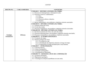 CENTEP


DISCIPLINA     CARGA HORÁRIA                                             CONTEÚDO
                               UNIDADE I – DINÂMICA EXTERNA DA TERRA
                                1.1. Processos de Intemperismo e formação de solos.
                                1.2. Processos erosivos e sedimentares.
                                       1.2.1 Rios.
                                       1.2.2 Geleiras.
                                       1.2.3 Processos eólicos e desertos.
                                       1.2.4 Oceanos.
                                1.3. Bacias Sedimentares, seus ambientes e depósitos minerais associados.
                               UNIDADE II – DINÂMICA INTERNA DA TERRA
                                2.1. Estrutura interna da Terra.
                                2.2. O ciclo das rochas.
                                2.3. Processos magmáticos, seus produtos e depósitos minerais associados.
                               UNIDADE III – DINÂMICA INTERNA DA TERRA
                                3.1. Revisão da estrutura da Terra e do ciclo das rochas.
                                3.2. Processos deformacionais, seus produtos e depósitos minerais associados.
 Geologia         60 horas      3.3. Processos metamórficos, seus produtos e depósitos associados.
Estrutural I                   UNIDADE IV – O TEMPO GEOLÓGICO
                                4.1. O conceito de tempo.
                                4.2. História geológica da Terra.
                                       4.2.1 A evolução da vida.
                                       4.2.2 A distribuição dos depósitos minerais ao longo do tempo.
                                       4.2.3 O significado do tempo profundo para a raça humana.
                               UNIDADE V – ESTRATIGRAFIA
                                5.1. Conceitos básicos.
                                5.2. Coluna Estratigráfica.
                                5.3. Correlação Estratigráfica.
                                5.4. A Estratigrafia na Mineração.
                               UNIDADE VI – GEOLOGIA APLICADA À MINERAÇÃO
                                6.1. Um pouco da história.
                                6.2. Mapeamento geológico.
                                6.3. A Geologia na solução de problemas em uma mina.
 