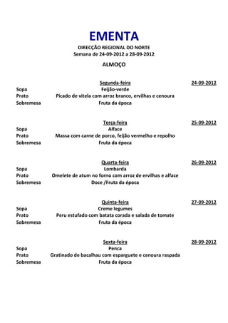 EMENTA
                       DIRECÇÃO REGIONAL DO NORTE
                     Semana de 24-09-2012 a 28-09-2012
                                  ALMOÇO

                                  Segunda-feira                       24-09-2012
Sopa                               Feijão-verde
Prato         Picado de vitela com arroz branco, ervilhas e cenoura
Sobremesa                        Fruta da época


                                 Terça-feira                          25-09-2012
Sopa                               Alface
Prato         Massa com carne de porco, feijão vermelho e repolho
Sobremesa                      Fruta da época


                                Quarta-feira                          26-09-2012
Sopa                             Lombarda
Prato       Omelete de atum no forno com arroz de ervilhas e alface
Sobremesa                  Doce /Fruta da época


                                 Quinta-feira                         27-09-2012
Sopa                           Creme legumes
Prato         Peru estufado com batata corada e salada de tomate
Sobremesa                      Fruta da época


                                  Sexta-feira                         28-09-2012
Sopa                                Penca
Prato       Gratinado de bacalhau com esparguete e cenoura raspada
Sobremesa                       Fruta da época
 