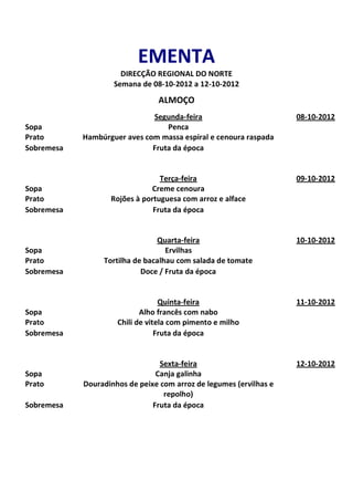 EMENTA
                      DIRECÇÃO REGIONAL DO NORTE
                    Semana de 08-10-2012 a 12-10-2012
                                ALMOÇO
                              Segunda-feira                         08-10-2012
Sopa                              Penca
Prato       Hambúrguer aves com massa espiral e cenoura raspada
Sobremesa                     Fruta da época


                                 Terça-feira                        09-10-2012
Sopa                          Creme cenoura
Prato              Rojões à portuguesa com arroz e alface
Sobremesa                      Fruta da época


                                Quarta-feira                        10-10-2012
Sopa                               Ervilhas
Prato            Tortilha de bacalhau com salada de tomate
Sobremesa                   Doce / Fruta da época


                                  Quinta-feira                      11-10-2012
Sopa                        Alho francês com nabo
Prato                Chili de vitela com pimento e milho
Sobremesa                        Fruta da época


                                 Sexta-feira                        12-10-2012
Sopa                            Canja galinha
Prato       Douradinhos de peixe com arroz de legumes (ervilhas e
                                  repolho)
Sobremesa                      Fruta da época
 