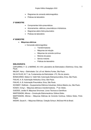 3
                             Projeto Político Pedagógico 2010


                   Diagramas de comando eletromagnético
                   Práticas de laboratório


3º SEMESTRE
                   Componentes hidro-pneumáticos.
                   Acionamentos elétricos, pneumáticos e hidráulicos.
                   Diagramas eletro-hidro-pneumatico
                   Praticas de laboratório


4º SEMESTRE
          Máquinas elétricas
                  Conversão eletromagnética
                                Transformadores
                                Máquinas de indução
                                Máquinas de corrente contínua
                                Motores de passo
                                Servos motores
                                Práticas de laboratório
BIBLIOGRAFIA
CAPUARNO, F. G. e MARINO, M. A M. Laboratório de Eletricidade e Eletrônica. Erica, São
Paulo.
MILEAF, Harry – Eletricidade. Col. c/5 vol. Martins Fontes, São Paulo.
SILVA FILHO, M. T. da. Fundamentos de Eletricidade. LTC, Rio de Janeiro.
BONACARSO, Nelson G. Valdir Noll, Automação Eletropneumática, Erica, São Paulo.
FIALHO, A. B. Automação Hidráulica, Erica, São Paulo.
FIALHO, A. B. Automação Pneumática, Erica, São Paulo.
SCHMIDT, Walfredo – Equipamentos Elétricos Industriais. Editora Mestre Jou, São Paulo.
KOSOV, Irving I.. Máquinas elétricas e transformadores. 7ª ed. Globo.
GUEDES, Jordão R. Máquinas Síncronas. Livros Técnicos e Científicos
MARTIGNONI, Alfonso – Construção Eletromecânica. Editora Globo.
MARTIGNONI, Alfonso – Máquinas Elétricas de Corrente Continua. Editora Globo, Porto
Alegre.
NASAR, Saued A. – Máquinas Elétricas. Coleção Schaun, McGraw-Hill do Brasil.
 