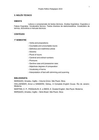7
                              Projeto Político Pedagógico 2010


5. INGLÊS TÉCNICO


EMENTA
                  Leitura e compreensão de textos técnicos. Analise lingüística. Cognatos e
Falsos Cognatos. Vocabulário técnico. Textos diversos de eletromecânica. Vocabulário de
termos, dicionários e manuais técnicos.


CONTÉUDO


1º SEMESTRE
                 - Verbs and propositions
                 - Countable and uncountable nouns
                 - Definitive and indefinitive article
                 - Adverbs
                 - Plural of nouns
                 - Cardinal and ordinal numbers
                 - Pronouns
                 - Genitive case and possessive case
                 - Adjectives degrees of comparation
                 - Vocabulary of terms
                 - Interpretation of text with skimming and scanning


BIBLIOGRAFIA
MARQUES, Amadeu. Inglês – Volume Único. São Paulo: Ática.
HOLLAENDER, Arnon e SANDERS, Sidney. A Complete English Couse. Rio de Janeiro:
Moderna.
MARTINS, E. P., PASQUALIN, E. e AMOS, E. Graded English. São Paulo: Moderna.
MARQUES, Amadeu. Inglês – Série Brasil. São Paulo: Ática.
 