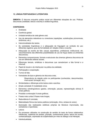 26
                             Projeto Político Pedagógico 2010


13. LÍNGUA PORTUGUESA E LITERATURA


EMENTA: O discurso enquanto prática social em diferentes situações de uso. Práticas
discursivas (oralidade, leitura e escrita) e análise linguística.


CONTEÚDOS:
      Oralidade:
      Coerência global;
      Unidade temática de cada gênero oral;
      Uso de elementos reiterativos ou conectores (repetições, substituições pronominais,
      sinônimos, etc.);
      Intencionalidade dos textos;
      As variedades lingüísticas e a adequação da linguagem ao contexto de uso:
      diferentes registros, grau de formalidade em relação à fala e à escrita;
      Adequação ao evento de fala: casual, espontâneo, profissional, institucional, etc.
      (reconhecimento das diferentes possibilidades de uso da língua dados os ambientes
      discursivos);
      Elementos composicionais, formais e estruturais dos diversos gêneros discursivos de
      uso em diferentes esferas sociais;
      Diferenças lexicais, sintáticas e discursivas que caracterizam a fala formal e a
      informal;
      Papel do locutor e do interlocutor na prática da oralidade;
      Participação e cooperação;
      Turnos de fala;
      Variedades de tipos e gêneros de discursos orais;
             Observância da relação entre os participantes (conhecidos, desconhecidos,
             nível social, formação, etc.);
      Similaridades e diferenças entre textos orais e escritos;
      Ampla variedade X modalidade única;
      Elementos extralingüísticos (gestos, entonação, pausas, representação cênica) X
      sinais gráficos;
      Prosódia e entonação X sinais gráficos;
      Frases mais curtas X frases mais longas;
      Redundância X concisão;
      Materialidade fônica dos textos poéticos (entonação, ritmo, sintaxe do verso);
      Apreciação das realizações estéticas próprias da literatura improvisada, dos
      cantadores e repentistas;
      Leitura:
      Os processos utilizados na construção do sentido do texto de forma colaborativa:
      inferências, coerência de sentido, previsão, conhecimento prévio, leitura de mundo,
      contextualização, expressão da subjetividade por meio do diálogo e da interação;
      Intertextualidade;
 