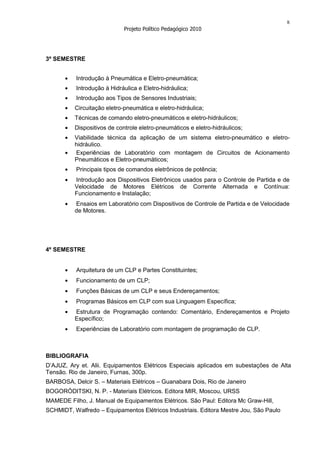 8
                             Projeto Político Pedagógico 2010




3º SEMESTRE


           Introdução à Pneumática e Eletro-pneumática;
           Introdução à Hidráulica e Eletro-hidráulica;
           Introdução aos Tipos de Sensores Industriais;
          Circuitação eletro-pneumática e eletro-hidráulica;
          Técnicas de comando eletro-pneumáticos e eletro-hidráulicos;
          Dispositivos de controle eletro-pneumáticos e eletro-hidráulicos;
          Viabilidade técnica da aplicação de um sistema eletro-pneumático e eletro-
          hidráulico.
          Experiências de Laboratório com montagem de Circuitos de Acionamento
          Pneumáticos e Eletro-pneumáticos;
           Principais tipos de comandos eletrônicos de potência;
          Introdução aos Dispositivos Eletrônicos usados para o Controle de Partida e de
          Velocidade de Motores Elétricos de Corrente Alternada e Contínua:
          Funcionamento e Instalação;
          Ensaios em Laboratório com Dispositivos de Controle de Partida e de Velocidade
          de Motores.




4º SEMESTRE


           Arquitetura de um CLP e Partes Constituintes;
           Funcionamento de um CLP;
           Funções Básicas de um CLP e seus Endereçamentos;
           Programas Básicos em CLP com sua Linguagem Específica;
          Estrutura de Programação contendo: Comentário, Endereçamentos e Projeto
          Específico;
           Experiências de Laboratório com montagem de programação de CLP.



BIBLIOGRAFIA
D’AJUZ, Ary et. Alii. Equipamentos Elétricos Especiais aplicados em subestações de Alta
Tensão. Rio de Janeiro, Furnas, 300p.
BARBOSA, Delcir S. – Materiais Elétricos – Guanabara Dois, Rio de Janeiro
BOGORÓDITSKI, N. P. - Materiais Elétricos. Editora MIR, Moscou, URSS
MAMEDE Filho, J. Manual de Equipamentos Elétricos. São Paul: Editora Mc Graw-Hill,
SCHMIDT, Walfredo – Equipamentos Elétricos Industriais. Editora Mestre Jou, São Paulo
 
