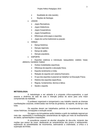 21
                             Projeto Político Pedagógico 2010


                            Qualidade de vida (saúde);
                            Noções de fisiologia.
                     JOGOS
                         Jogos Recreativos;
                         Jogos Intelectivos;
                         Jogos Cooperativos;
                         Jogos Competitivos;
                         Diferenças entre jogos e esportes;
                         Jogos de cunha tradicional ou popular.
                     DANÇA
                         Dança folclórica;
                         Danças regionais;
                         Dança de salão;
                         Danças populares.
                     ESPORTE
                         Esportes coletivos e individuais: basquetebol, voleibol, futsal,
          atletismo, handebol, futebol;
                         Outras modalidades esportivas;
                         Diferença de esporte e educação física;
                         Esporte rendimento e mídia;
                         Relação do esporte com sistema financeiro;
                         O que dos esportes é possível se trabalhar na Educação Física;
                         História dos esportes específicos;
                         Regras, fundamentos, técnica e tática;
                         Saúde x esporte.


METODOLOGIA:
               A metodologia a ser adotada é a proposta crítico-superadora, a qual
associa a dinâmica da sala de aula à intenção prática do aluno para uma maior
compreensão da realidade.
                O professor organizará e reorganizará o seu trabalho visando as diversas
manifestações corporais, evidenciadas nas formas da ginástica, do esporte, da dança e das
lutas.
                   Os esportes devem ser trabalhados partindo do levantamento de suas
raízes históricas, concepções e evolução social.
                Os jogos e as brincadeiras serão tratados a partir da realidade regional por
meio das expressões e manifestações características da região por meio do levantamento
de dados, apresentações e exposições.
                 A consciência corporal irá abordar situações do dia-a-dia, iniciando das
noções que possui de corpo, destacando as características dos jovens e adolescentes,
explorando as possibilidades de movimentos, estimulando a criatividade, a crítica e a
superação de limites.
 