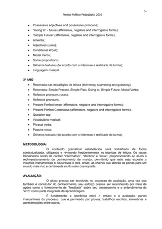 24
                              Projeto Político Pedagógico 2010


       Possessive adjectives and possessive pronouns;
       “Going to” - future (affirmative, negative and interrogative forms);
       “Simple Future” (affirmative, negative and interrogative forms);
       Adverbs;
       Adjectives (uses);
       Conditional Would;
       Modal Verbs;
       Some propositions;
       Gêneros textuais (de acordo com o interesse e realidade da turma);
       Linguagem musical.


3º ANO
       Retomada das estratégias de leitura (skimming, scamming and guessing);
       Retomada: Simple Present, Simple Past, Going to, Simple Future, Modal Verbs;
       Reflexive pronouns (uses);
       Reflexive pronouns;
       Present Perfect tense (affirmative, negative and interrogative forms);
       Present Perfect Continuous (affirmative, negative and interrogative forms);
       Question tag;
       Vocabulário musical;
       Phrasal verbs;
       Passive voice;
       Gêneros textuais (de acordo com o interesse e realidade da turma).


METODOLOGIA:
                 O conteúdo gramatical estabelecido será trabalhado de forma
contextualizada, utilizando e revisando freqüentemente as técnicas de leitura. Os textos
trabalhados serão de caráter “informativo”, “literário” e “atual”, proporcionando ao aluno o
redimensionamento de conhecimento de mundo, permitindo que este seja exposto a
insumos instrumentais e discursivos e terá, então, as chaves que abrirão as portas para um
mundo mais rico e certamente muito mais cosmopolita.


AVALIAÇÃO:
                 O aluno precisa ser envolvido no processo de avaliação, uma vez que
também é construtor do conhecimento, seu esforço precisa ser reconhecido por meio de
ações como o fornecimento de “feedback” sobre seu desempenho e o entendimento do
“erro” como parte integrante da aprendizagem.
                É fundamental a coerência entre o ensino e a avaliação, partes
inseparáveis do processo, que é permeado por provas, trabalhos escritos, seminários e
apresentações entre outros.
 
