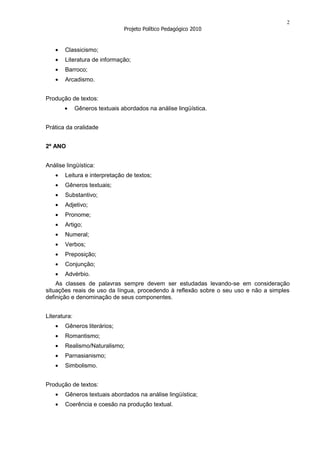 2
                                Projeto Político Pedagógico 2010


       Classicismo;
       Literatura de informação;
       Barroco;
       Arcadismo.


Produção de textos:
              Gêneros textuais abordados na análise lingüística.


Prática da oralidade


2º ANO


Análise lingüística:
       Leitura e interpretação de textos;
       Gêneros textuais;
       Substantivo;
       Adjetivo;
       Pronome;
       Artigo;
       Numeral;
       Verbos;
       Preposição;
       Conjunção;
       Advérbio.
    As classes de palavras sempre devem ser estudadas levando-se em consideração
situações reais de uso da língua, procedendo à reflexão sobre o seu uso e não a simples
definição e denominação de seus componentes.


Literatura:
       Gêneros literários;
       Romantismo;
       Realismo/Naturalismo;
       Parnasianismo;
       Simbolismo.


Produção de textos:
       Gêneros textuais abordados na análise lingüística;
       Coerência e coesão na produção textual.
 