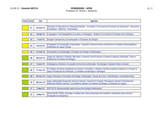 02.09.13 - Ementa HD714 PPGDESIGN - UFPR
Professor Dr. André L. Battaiola
8 / 3
Fase Aula Dia Agenda
o1 23-set-13
Narrativa (A Narrativa em diferentes Mídias - Conceitos e Tecnicas de Produção de Narrativas - Monomito -
Arquétipos - Retórica - Persuasão)
o2 30-set-13 Linguagem Cinematográfica (Conceito e Utilização) - Roteiros (Conceitos e Processo de Produção)
o3 7-out-13 Imagem Sequencial (Conceituação e Processo de Design)
o4 14-out-13
Projeções (Conceituação e Aplicação) - Aparelho Visual Humano (Anatomia e Projeção Estereográfica) -
Interfaces de Jogos (Tipos)
o5 21-out-13 Animações (Conceituação, Processo de Design e Aplicações)
o6 28-out-13
Jogos de Tabuleiro (História, Mercado e Impacto SocioCultural) e Quebra-Cabeças (Definição, Tipos e
Análise do Processo de Design)
o7 4-nov-13 Videogame (História e Evolução em termos de Mercado, Tecnologia e Impacto Sócio-Cultural)
o8 11-nov-13
O Cérebro Humano (Anatomia do cérebro, Emoções, o Sistema de Recompensa Celebral e o Prazer) e
Jogo (Problemas de Definição | O embate narratologia x ludologia)
o9 18-nov-13 Jogo (Técnicas e Princípios de Design | Motivação | Teoria do Fluxo | Gamification | GameStorming)
10 25-nov-13
Jogo (Aplicações Especiais (Serious Games, Games for Change, Persuasive Games, AdverGames,
Alternate Reality Games) | O problema clássico do método de design | Avaliação de Jogos)
11 2-dez-13 ARTIGOS (Apresentação pelos alunos dos artigos elaborados)
12 9-dez-13
AVALIAÇÃO FINAL (Entrega e análise das notas atribuídas aos trabalhos realizados pelos alunos |
Avaliação da Disciplina)
 