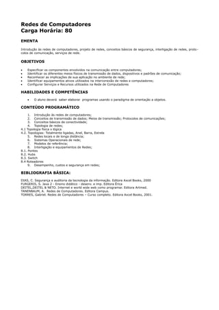 Redes de Computadores
Carga Horária: 80
EMENTA

Introdução às redes de computadores, projeto de redes, conceitos básicos de segurança, interligação de redes, proto -
colos de comunicação, serviços de rede.

OBJETIVOS

•   Especificar os componentes envolvidos na comunicação entre computadores;
•   Identificar os diferentes meios físicos de transmissão de dados, dispositivos e padrões de comunicação;
•   Reconhecer as implicações de sua aplicação no ambiente de rede;
•   Identificar equipamentos ativos utilizados na interconexão de redes e computadores;
•   Configurar Serviços e Recursos utilizados na Rede de Computadores

HABILIDADES E COMPETÊNCIAS
    •   O aluno deverá saber elaborar programas usando o paradigma de orientação a objetos.

CONTEÚDO PROGRAMÁTICO
     1. Introdução às redes de computadores;
     2. Conceitos de transmissão de dados; Meios de transmissão; Protocolos de comunicações;
     3. Conceitos básicos de conectividade;
     4. Topologia de redes;
4.1 Topologia física x lógica
4.2. Topologias: Totalmente ligadas, Anel, Barra, Estrela
     5. Redes locais e de longa distância;
     6. Sistemas Operacionais de rede;
     7. Modelos de referência;
     8. Interligação e equipamentos de Redes;
8.1. Pontes
8.2. Hubs
8.3. Switch
8.4 Roteadores
     9. Desempenho, custos e segurança em redes;

BIBLIOGRAFIA BÁSICA:
DIAS, C. Segurança e auditoria da tecnologia da informação. Editora Axcel Books, 2000
FURGERIS, S. Java 2 - Ensino didático - desenv. e imp. Editora Érica
DEITEL,DEITEL & NETO. Internet e world wide web como programar. Editora Artmed.
TANENBAUM, A. Redes de Computadores. Editora Campus.
TORRES, Gabriel. Redes de Computadores – Curso completo. Editora Axcel Books, 2001.
 