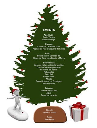 EMENTA
Aperitivos
PortoTónico
SumoLaranja
Entrada
CremedeLentilhascom
PepitasdeNozeEspumadeLimãoPepitasdeNozeEspumadeLimão
Prato
Bacalhauem Camadade
MigasdeBroacom BatataaMurro
Sobremesas
Mesadenatal,ambientefamiliar,
Com buffetacompanhado
dedeVinhodoPorto:
Rabanadas
BoloRei
LeiteCreme
Aletria
SopaDouradaouFormigos
Frutossecos
BebidasBebidas
TonsBranco/Tinto
Água
SumodeLaranja
Horário
19h00–21h00
Preço
8,00euros