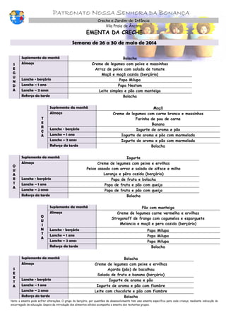 PATRONATO NOSSA SENHORA DA BONANÇA
Creche e Jardim-de-Infância
Vila Praia de Âncora
EMENTA DA CRECHE
Semana de 26 a 30 de maio de 2014
S
E
G
U
N
D
A
Suplemento da manhã Bolacha
Almoço Creme de legumes com peixe e massinhas
Arroz de peixe com salada de tomate
Maçã e maçã cozida (berçário)
Lanche - berçário Papa Milupa
Lanche – 1 ano Papa Nestum
Lanche – 2 anos Leite simples e pão com manteiga
Reforço da tarde Bolacha
T
E
R
Ç
A
Suplemento da manhã Maçã
Almoço Creme de legumes com carne branca e massinhas
Farinha de pau de carne
Banana
Lanche - berçário Iogurte de aroma e pão
Lanche – 1 ano Iogurte de aroma e pão com marmelada
Lanche – 2 anos Iogurte de aroma e pão com marmelada
Reforço da tarde Bolacha
Q
U
A
R
T
A
Suplemento da manhã Iogurte
Almoço Creme de legumes com peixe e ervilhas
Peixe assado com arroz e salada de alface e milho
Laranja e pêra cozida (berçário)
Lanche - berçário Papa de fruta e bolacha
Lanche – 1 ano Papa de fruta e pão com queijo
Lanche – 2 anos Papa de fruta e pão com queijo
Reforço da tarde Bolacha
Q
U
I
N
T
A
Suplemento da manhã Pão com manteiga
Almoço Creme de legumes carne vermelha e ervilhas
Strogonoff de frango com cogumelos e esparguete
Melancia e maçã e pera cozida (berçário)
Lanche - berçário Papa Milupa
Lanche – 1 ano Papa Milupa
Lanche – 2 anos Papa Milupa
Reforço da tarde Bolacha
S
E
X
T
A
Suplemento da manhã Bolacha
Almoço Creme de legumes com peixe e ervilhas
Açorda (pão) de bacalhau
Salada de fruta e banana (berçário)
Lanche - berçário Iogurte de aroma e pão
Lanche – 1 ano Iogurte de aroma e pão com fiambre
Lanche – 2 anos Leite com chocolate e pão com fiambre
Reforço da tarde Bolacha
Nota: a ementa pode sofrer alterações. O grupo do berçário, por questões de desenvolvimento tem uma ementa específica para cada criança, mediante indicação do
encarregado de educação. Depois da introdução dos alimentos sólidos acompanha a ementa dos restantes grupos.
 