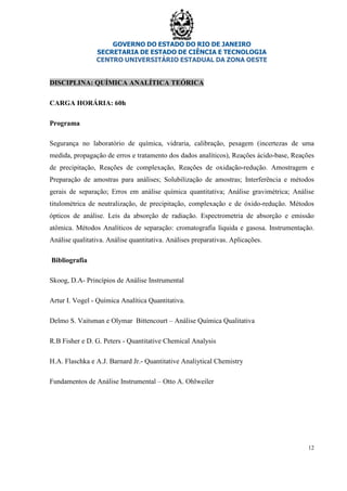 GOVERNO DO ESTADO DO RIO DE JANEIRO
SECRETARIA DE ESTADO DE CIÊNCIA E TECNOLOGIA
CENTRO UNIVERSITÁRIO ESTADUAL DA ZONA OESTE
12
DISCIPLINA: QUÍMICA ANALÍTICA TEÓRICA
CARGA HORÁRIA: 60h
Programa
Segurança no laboratório de química, vidraria, calibração, pesagem (incertezas de uma
medida, propagação de erros e tratamento dos dados analíticos), Reações ácido-base, Reações
de precipitação, Reações de complexação, Reações de oxidação-redução. Amostragem e
Preparação de amostras para análises; Solubilização de amostras; Interferência e métodos
gerais de separação; Erros em análise química quantitativa; Análise gravimétrica; Análise
titulométrica de neutralização, de precipitação, complexação e de óxido-redução. Métodos
ópticos de análise. Leis da absorção de radiação. Espectrometria de absorção e emissão
atômica. Métodos Analíticos de separação: cromatografia líquida e gasosa. Instrumentação.
Análise qualitativa. Análise quantitativa. Análises preparativas. Aplicações.
Bibliografia
Skoog, D.A- Princípios de Análise Instrumental
Artur I. Vogel - Química Analítica Quantitativa.
Delmo S. Vaitsman e Olymar Bittencourt – Análise Química Qualitativa
R.B Fisher e D. G. Peters - Quantitative Chemical Analysis
H.A. Flaschka e A.J. Barnard Jr.- Quantitative Analiytical Chemistry
Fundamentos de Análise Instrumental – Otto A. Ohlweiler
 