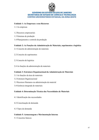 GOVERNO DO ESTADO DO RIO DE JANEIRO
SECRETARIA DE ESTADO DE CIÊNCIA E TECNOLOGIA
CENTRO UNIVERSITÁRIO ESTADUAL DA ZONA OESTE
47
Unidade 1: As Empresas e seus Recursos
1.1 As empresas
1.2 Recursos empresariais
1.3 Sistemas de produção
1.4 Planejamento e controle da produção
Unidade 2: As Funções da Administração de Materiais, suprimentos e logística
2.1 Conceito de administração de materiais
2.2 Conceito de suprimentos
2.3 Conceito de logística
2.4 As funções da administração de materiais
Unidade 3: Estrutura Organizacional da Administração de Materiais
3.1 As funções da área de materiais
3.2 Estrutura Organizacional
3.3 Recursos Humanos na administração de material
3.4 Gerência integrada de materiais
Unidade 4: Determinação Técnica das Necessidades de Materiais
4.1 Identificação das necessidades
4.2 Conceituação de demanda
4.3 Tipos de demanda
Unidade 5: Armazenagem e Movimentação Interna
5.1 Conceitos básicos
 