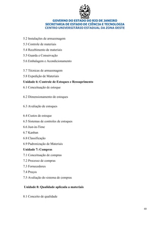 GOVERNO DO ESTADO DO RIO DE JANEIRO
SECRETARIA DE ESTADO DE CIÊNCIA E TECNOLOGIA
CENTRO UNIVERSITÁRIO ESTADUAL DA ZONA OESTE
48
5.2 Instalações de armazenagem
5.3 Controle de materiais
5.4 Recebimento de materiais
5.5 Guarda e Conservação
5.6 Embalagem e Acondicionamento
5.7 Técnicas de armazenagem
5.8 Expedição de Materiais
Unidade 6: Controle de Estoques e Ressuprimento
6.1 Conceituação de estoque
6.2 Dimensionamento de estoques
6.3 Avaliação de estoques
6.4 Custos de estoque
6.5 Sistemas de controles de estoques
6.6 Just-in-Time
6.7 Kanban
6.8 Classificação
6.9 Padronização de Materiais
Unidade 7: Compras
7.1 Conceituação de compras
7.2 Processo de compras
7.3 Fornecedores
7.4 Preços
7.5 Avaliação do sistema de compras
Unidade 8: Qualidade aplicada a materiais
8.1 Conceito de qualidade
 