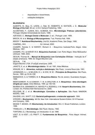 9
                             Projeto Político Pedagógico 2010


           o      degradações e biossínteses,
           o      oxidações biológicas.


BILIOGRAFIA
ALBERTS, B.; Bray, D.; LEWIS, J.; Ratt, M.; ROBERTS, K; WATSON, J. D.; Molecular
Biology of the Cell; 3th ed.; U.S.A: Garland Publishing, 1994.
ALCÂNTARA, F.; CUNHA, M.A.; ALMEIDA, M.A.; Microbiologia: Práticas Laboratoriais;
Portugal, Edições Universidade de Aveiro, 1996.
AZEVEDO, C.; Biologia Celular e Molecular; 3. ed..; Portugal: Lidel, 1999.
BROCK, M. et al. Biology of Microorganisms. 7 ed. Prentice Hall, 1994.
BRODY T: Nutritional Biochemistry, 2nd Ed, Academic Press, San Diego, 1999.
CAMPBEL, M.K.                     Ed. Artmed, 2000.
CHAMPE, Pamela C. & HARVEY, Richard A. - Bioquímica Ilustrada.Porto Alegre: Artes
Médicas, 1997.
CHAMPE, P.C. & HARVEY,R.A. Bioquímica Ilustrada. 2.ed. Porto Alegre: Artes MédicasSul
(Artmed). 1996, 2002.
DEVLIN, Thomas M. – Manual de Bioquímica com Correlações Clínicas – tradução da 4ª
edição americana, 1998, Ed. Edgard Blucher Ltda;
DEVLIN, T.M.                                                                      .    Ed.
Edgard Blücher LTDA. 5ª edição americana, 2004.
JAWETZ, E. et. al. Microbiologia básica. 18. ed. 1991. Artes Médicas.
KRAUSE, M. V. Alimentos, nutrição e dietoterapia. São Paulo : Livraria Roca Ltda. 1991.
LEHNINGER, A. L. & NELSON, D. L. & COX, M. M. - Princípios de Bioquímica. São Paulo,
Sarvier, 1995. pp 33-34; 238.
MARZZOCO, A. & TORRES, B. B. Bioquímica Básica. Rio de Janeiro: Guanabara Koogan,
1999.
MONTGOMERY, R. & CONWAY, T. W. & SPECTOR, A. A. Bioquímica - Uma abordagem
dirigida por casos. Artes Médicas, 1994. pp 158-159.
MURRAY R K, GRANNER D K, MAYES P A, RODWELL V W: Harper's Biochemistry. 25th
London: Ed, Prentice-Hall Internacional Inc, 2000.
PELCZAR, M. J. et al. Microbiologia: Conceitos e Aplicações. São Paulo: MAKRON
BOOKS, 1996.
SALIENS, A.A.; WHITT, D.D. Bacterial pathogenesis: a molecular approach. 1994.
STRYER L: Biochemistry. 4th Ed. New York :International Student Edition. W H Freeman
and Company, 1995.
MCKEE T, MCKEE J R: Biochemistry. An Introduction. Wm. C. Brown Publishers, London:
1996.
TRABULSI, L. R. Microbiologia. São Paulo: Ateneu, 1992.
TORTORA, G.J. Microbiology: an introduction. 6. ed. 1998.
VOET, D. & VOET, J.G; PRATT, C. Fundamentos de Bioquímica . Porto Alegre: Artmed,
2000.
 