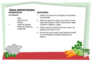 ÁGUA AROMATIZADA
INGREDIENTES
(4/6 PESSOAS)
água
cascas de um
abacaxi
1 rodela de abacaxi
folhas de hortelã ou
manjericão
INSTRUÇÕES
1. Colocar as cascas de um abacaxi, bem lavadas
numa panela.
2. Tapar as cascas com água fria e levar ao lume
baixo até começar a ferver. Nessa altura, tapar
a panela e desligar o fogão.
3. Deixar repousar durante cerca de 4 horas. De
seguida coar e pôr no frio.
4. Na hora de servir juntar umas folhas de hortelã
ou de manjericão e pedaços pequenos de
abacaxi.
 