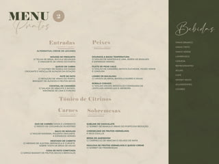 VINHO BRANCO
VINHO TINTO
VINHO VERDE
LAMBRUSCO
CERVEJA
REFRIGERANTES
ÁGUAS
CAFÉ
WHISKY NOVO
AGUARDENTES
LICORES
Bebidas
( escolher 1 opção )
Entradas Peixes
( escolher 1 opção )
Pratos
MENU 2
Tónico de Citrinos
Sobremesas
( escolher 1 opção )
Carnes
( escolher 1 opção )
SUBLIME DE CHOCOLATE
C/ SORBET DE MANGA E VINHO DO PORTO EM REDUÇÃO
CHEESECAKE DE FRUTOS VERMELHOS
E SEUS COULLIS
BRISA DE AMENDOIM
C/ CARPACCIO DE ABACAXI E GELADO DE NATA
PAVLOVA DE FRUTOS VERMELHOS E QUEIJO CREME
C/ SORBET DE FRAMBOESAS
MOUSSE DE PRESUNTO
C/ TELHA DE BROA, RÚCULA SELVAGEM
E VINAGRETE DE VINHO DO PORTO
QUEIJO DE CABRA
C/ CHUTNEY DE MANGA EM MASSA
CROCANTE E MESCLA DE ALFACES DA ESTAÇÃO
PATÉ DE PATO
C/ REDUÇÃO DE VINHO DO PORTO,
BOUQUET DE ALFACES E FRUTOS SECOS
COCKTAIL DE CAMARÃO
C/ SALADA DE ABACATE E BATATA,
MAIONESE DE LIMA E FUNCHO
ALTERNATIVA: CREME DE LEGUMES
DOURADA A BAIXA TEMPERATURA
C/ MOLHO DE MANTEIGA E LIMA, XERÉM DE BIVALVES
E ESPARGOS VERDES
FILETE DE PEIXE GALO
C/ MOLHO DE CAMARÃO, BATATA DUCHESSE, FEIJÃO VERDE
E CENOURA
LOMBO DE BACALHAU
C/ CROSTA DE BROA, BATATA A MURRO E MIGAS
ROBALO CORADO
C/ MOLHO VIRGEM, BRÓCOLOS E ESMAGADA DE
LENTILHAS VERMELHAS E ABÓBORA
DUO DE CARNES (VAZIA E LOMBINHO)
C/ RISOTO DE COGUMELOS SILVESTRES
NACO DE NOVILHO
C/ MOLHO MADEIRA, POLENTA CROCANTE
E ESPARGOS VERDES
DESFIADO DE CABRITO
C/ AROMAS DE ALECRIM, BERINGELA E CURGETE
SOBRE TOSTA DE BROA DE MILHO
COXA DE PATO CONFITADA
C/ ARROZ BASMATI DE FRUTOS SECOS E BRÓCOLOS
 