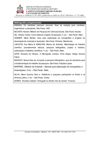 SERVIÇO PÚBLICO FEDERAL
UNIVERSIDADE FEDERAL DO PARÁ
CAMPUS UNIVERSITÁRIO DE MARABÁ
FACULDADE DE DIREITO
Decreto n° 4.904 de 27.07.1993, publicado no DOU de 29.07.1993/Port. n° 721-MEC
Campus Universitário – Marabá – PA – 68507-590 – Tel.: (94) 2101-7142
Bibliografia complementar
BARASS. Os cientistas precisam escrever. Guia de redação para cientistas,
engenheiros e estudantes. São Paulo: USP.
BECKER, Howard. Método de Pesquisa em Ciências Sociais. São Paulo: Hucitec.
GIL, Antônio Carlos. Como elaborar projetos de pesquisa. 3. ed. – São Paulo: Atlas.
HÜBNER, Maria Martha. Guia para elaboração de monografias e projetos de
dissertação de mestrado e doutorado. São Paulo: Pioneira: MacKenzie.
LAKATOS, Eva Maria & MARCONI, Marina de Andrade. Metodologia do trabalho
científico: procedimentos básicos, pesquisa bibliográfica, projeto e relatório,
publicações e trabalhos científicos. 4. ed. – São Paulo: Atlas.
LEITE, Eduardo de Oliveira. A Monografia Jurídica. Porto Alegre: Sérgio Antonio
Fabris.
MACEDO, Neusa Dias de. Iniciação à pesquisa bibliográfica: guia do estudante para
a fundamentação do trabalho de pesquisa. São Paulo: Edições Loyola.
MARTINS, Gilberto de Andrade – Manual para elaboração de monografias e
dissertações. 2 ed. – São Paulo: Atlas.
SILVA, Maria Ozarina Silva e. Refletindo a pesquisa participante no Brasil e na
América Latina. 2. ed. – São Paulo: Cortez.
XAVIER, Ronaldo Caldeira. Português no Direito. Rio de Janeiro: Forense.
 