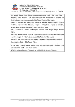 SERVIÇO PÚBLICO FEDERAL
UNIVERSIDADE FEDERAL DO PARÁ
CAMPUS UNIVERSITÁRIO DE MARABÁ
FACULDADE DE DIREITO
Decreto n° 4.904 de 27.07.1993, publicado no DOU de 29.07.1993/Port. n° 721-MEC
Campus Universitário – Marabá – PA – 68507-590 – Tel.: (94) 2101-7142
GIL, Antônio Carlos. Como elaborar projetos de pesquisa. 3. ed. – São Paulo: Atlas.
HÜBNER, Maria Martha. Guia para elaboração de monografias e projetos de
dissertação de mestrado e doutorado. São Paulo: Pioneira: MacKenzie.
LAKATOS, Eva Maria & MARCONI, Marina de Andrade. Metodologia do trabalho
científico: procedimentos básicos, pesquisa bibliográfica, projeto e relatório,
publicações e trabalhos científicos. 4. ed. – São Paulo: Atlas.
LEITE, Eduardo de Oliveira. A Monografia Jurídica. Porto Alegre: Sérgio Antonio
Fabris.
MACEDO, Neusa Dias de. Iniciação à pesquisa bibliográfica: guia do estudante para
a fundamentação do trabalho de pesquisa. São Paulo: Edições Loyola.
MARTINS, Gilberto de Andrade – Manual para elaboração de monografias e
dissertações. 2 ed. – São Paulo: Atlas.
SILVA, Maria Ozarina Silva e. Refletindo a pesquisa participante no Brasil e na
América Latina. 2. ed. – São Paulo: Cortez.
XAVIER, Ronaldo Caldeira. Português no Direito. Rio de Janeiro: Forense.
 