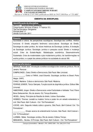 SERVIÇO PÚBLICO FEDERAL
UNIVERSIDADE FEDERAL DO PARÁ
CAMPUS UNIVERSITÁRIO DE MARABÁ
FACULDADE DE DIREITO
Decreto n° 4.904 de 27.07.1993, publicado no DOU de 29.07.1993/Port. n° 721-MEC
Campus Universitário – Marabá – PA – 68507-590 – Tel.: (94) 2101-7142
EMENTA DA DISCIPLINA
Identificação da disciplina
DI07072 – SOCIOLOGIAJURÍDICA
Carga horária: 68 horas (Prática: 17 Teórica: 51)
Tipo de Disciplina: Obrigatória
Período Ideal: 2°
Versão Curricular: 2011
Ementa
Sociedade e cultura. As perspectivas sociológicas. Sociologia dos conflitos. Análise
funcional. O Direito enquanto fenômeno sócio-cultural. Sociologia do Direito.
Sociologia do saber jurídico. As raízes históricas da Sociologia Jurídica. A fundação
da Sociologia Jurídica. Sociologia Jurídica e pesquisa social. Direito e mudança
social. Crise do Estado-Nação. Globalização econômica. Desenvolvimento
Sustentado. Crise da modernidade e pós-modernismo jurídico. As transformações no
ensino jurídico, e o papel dos atores jurídicos na sociedade do século XXI.
Bibliografia básica
ARNAUD, André-Jean. Introdução a análise sociológica dos sistemas jurídicos. Rio de
Janeiro: Renovar.
CAMPILONGO, Celso. Direito e Democracia. São Paulo: Max Limonad.
____________, Celso e FARIA, José Eduardo. Sociologia Jurídica no Brasil. Porto
Alegre: SAFE.
CHAUÍ, Marilena. Cultura e democracia. São Paulo: Moderna.
FERRAZ JÚNIOR, Tércio Sampaio. Função social da dogmática jurídica. Editora Max
Limonad.
HABERMAS, Jürgen. Direito e Democracia: entre Facticidade e Validade. Trad. Flávio
Bene Siebeneichler. Rio de Janeiro: Ed. Tempo Brasileiro.
HEGEL, Georg. Princípios da filosofia do direito. Lisboa: Guimarães.
HOBBES, Thomas. Leviatã ou matéria: forma e poder de um estado eclesiástico e
civil. São Paulo: Abril Cultural – Col. “Os Pensadores”.
LOCKE, John. Segundo tratado sobre o governo. São Paulo: Abril Cultural. Col. “Os
Pensadores”.
______, _____. Ensaio acerca do entendimento humano. São Paulo: Abril Cultural –
Col. “O Pensadorea”.
LUHMAN, Niklas. Sociologia Jurídica. Rio de Janeiro: Editora Tempo.
MAQUIAVEL, Nicolau. O Príncipe. São Paulo: Abril Cultural – Col. “Os Pensadores”.
 