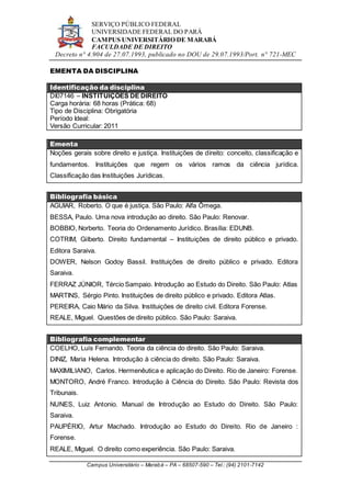 SERVIÇO PÚBLICO FEDERAL
UNIVERSIDADE FEDERAL DO PARÁ
CAMPUS UNIVERSITÁRIO DE MARABÁ
FACULDADE DE DIREITO
Decreto n° 4.904 de 27.07.1993, publicado no DOU de 29.07.1993/Port. n° 721-MEC
Campus Universitário – Marabá – PA – 68507-590 – Tel.: (94) 2101-7142
EMENTA DA DISCIPLINA
Identificação da disciplina
DI07146 – INSTITUIÇÕES DE DIREITO
Carga horária: 68 horas (Prática: 68)
Tipo de Disciplina: Obrigatória
Período Ideal:
Versão Curricular: 2011
Ementa
Noções gerais sobre direito e justiça. Instituições de direito: conceito, classificação e
fundamentos. Instituições que regem os vários ramos da ciência jurídica.
Classificação das Instituições Jurídicas.
Bibliografia básica
AGUIAR, Roberto. O que é justiça. São Paulo: Alfa Ômega.
BESSA, Paulo. Uma nova introdução ao direito. São Paulo: Renovar.
BOBBIO, Norberto. Teoria do Ordenamento Jurídico. Brasília: EDUNB.
COTRIM, Gilberto. Direito fundamental – Instituições de direito público e privado.
Editora Saraiva.
DOWER, Nelson Godoy Bassil. Instituições de direito público e privado. Editora
Saraiva.
FERRAZ JÚNIOR, Tércio Sampaio. Introdução ao Estudo do Direito. São Paulo: Atlas
MARTINS, Sérgio Pinto. Instituições de direito público e privado. Editora Atlas.
PEREIRA, Caio Mário da Silva. Instituições de direito civil. Editora Forense.
REALE, Miguel. Questões de direito público. São Paulo: Saraiva.
Bibliografia complementar
COELHO, Luís Fernando. Teoria da ciência do direito. São Paulo: Saraiva.
DINIZ, Maria Helena. Introdução à ciência do direito. São Paulo: Saraiva.
MAXIMILIANO, Carlos. Hermenêutica e aplicação do Direito. Rio de Janeiro: Forense.
MONTORO, André Franco. Introdução à Ciência do Direito. São Paulo: Revista dos
Tribunais.
NUNES, Luiz Antonio. Manual de Introdução ao Estudo do Direito. São Paulo:
Saraiva.
PAUPÉRIO, Artur Machado. Introdução ao Estudo do Direito. Rio de Janeiro :
Forense.
REALE, Miguel. O direito como experiência. São Paulo: Saraiva.
 