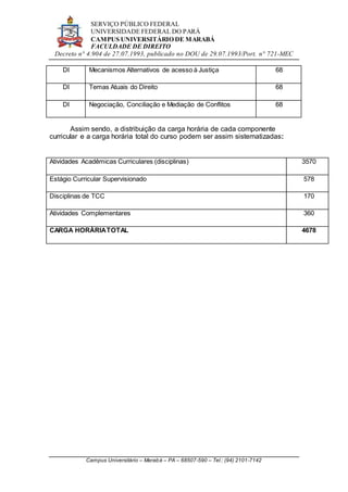 SERVIÇO PÚBLICO FEDERAL
UNIVERSIDADE FEDERAL DO PARÁ
CAMPUS UNIVERSITÁRIO DE MARABÁ
FACULDADE DE DIREITO
Decreto n° 4.904 de 27.07.1993, publicado no DOU de 29.07.1993/Port. n° 721-MEC
Campus Universitário – Marabá – PA – 68507-590 – Tel.: (94) 2101-7142
DI Mecanismos Alternativos de acesso à Justiça 68
DI Temas Atuais do Direito 68
DI Negociação, Conciliação e Mediação de Conflitos 68
Assim sendo, a distribuição da carga horária de cada componente
curricular e a carga horária total do curso podem ser assim sistematizadas:
Atividades Acadêmicas Curriculares (disciplinas) 3570
Estágio Curricular Supervisionado 578
Disciplinas de TCC 170
Atividades Complementares 360
CARGA HORÁRIATOTAL 4678
 