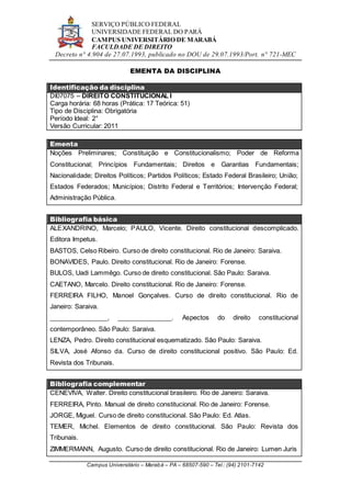 SERVIÇO PÚBLICO FEDERAL
UNIVERSIDADE FEDERAL DO PARÁ
CAMPUS UNIVERSITÁRIO DE MARABÁ
FACULDADE DE DIREITO
Decreto n° 4.904 de 27.07.1993, publicado no DOU de 29.07.1993/Port. n° 721-MEC
Campus Universitário – Marabá – PA – 68507-590 – Tel.: (94) 2101-7142
EMENTA DA DISCIPLINA
Identificação da disciplina
DI07075 – DIREITO CONSTITUCIONAL I
Carga horária: 68 horas (Prática: 17 Teórica: 51)
Tipo de Disciplina: Obrigatória
Período Ideal: 2°
Versão Curricular: 2011
Ementa
Noções Preliminares; Constituição e Constitucionalismo; Poder de Reforma
Constitucional; Princípios Fundamentais; Direitos e Garantias Fundamentais;
Nacionalidade; Direitos Políticos; Partidos Políticos; Estado Federal Brasileiro; União;
Estados Federados; Municípios; Distrito Federal e Territórios; Intervenção Federal;
Administração Pública.
Bibliografia básica
ALEXANDRINO, Marcelo; PAULO, Vicente. Direito constitucional descomplicado.
Editora Impetus.
BASTOS, Celso Ribeiro. Curso de direito constitucional. Rio de Janeiro: Saraiva.
BONAVIDES, Paulo. Direito constitucional. Rio de Janeiro: Forense.
BULOS, Uadi Lammêgo. Curso de direito constitucional. São Paulo: Saraiva.
CAETANO, Marcelo. Direito constitucional. Rio de Janeiro: Forense.
FERREIRA FILHO, Manoel Gonçalves. Curso de direito constitucional. Rio de
Janeiro: Saraiva.
________________, _______________. Aspectos do direito constitucional
contemporâneo. São Paulo: Saraiva.
LENZA, Pedro. Direito constitucional esquematizado. São Paulo: Saraiva.
SILVA, José Afonso da. Curso de direito constitucional positivo. São Paulo: Ed.
Revista dos Tribunais.
Bibliografia complementar
CENEVIVA, Walter. Direito constitucional brasileiro. Rio de Janeiro: Saraiva.
FERREIRA, Pinto. Manual de direito constitucional. Rio de Janeiro: Forense.
JORGE, Miguel. Curso de direito constitucional. São Paulo: Ed. Atlas.
TEMER, Michel. Elementos de direito constitucional. São Paulo: Revista dos
Tribunais.
ZIMMERMANN, Augusto. Curso de direito constitucional. Rio de Janeiro: Lumen Juris
 