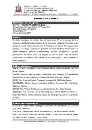 SERVIÇO PÚBLICO FEDERAL
UNIVERSIDADE FEDERAL DO PARÁ
CAMPUS UNIVERSITÁRIO DE MARABÁ
FACULDADE DE DIREITO
Decreto n° 4.904 de 27.07.1993, publicado no DOU de 29.07.1993/Port. n° 721-MEC
Campus Universitário – Marabá – PA – 68507-590 – Tel.: (94) 2101-7142
EMENTA DA DISCIPLINA
Identificação da disciplina
DI07090 – DIREITO PROCESSUAL CIVIL I
Carga horária: 68 horas (Prática: 17 Teórica: 51)
Tipo de Disciplina: Obrigatória
Período Ideal: 4°
Versão Curricular: 2011
Ementa
O direito processual no contexto das ciência jurídicas. Direito processual penal e
extrapenal. Institutos fundamentais do direito processual não penal. Principios gerais
do processo civil. Formas de expressão do direito processual civil. A lei processual no
espaço e no tempo. Organização judiciária brasileira. Institutos fundamentais do
direito processual: Jurisdição e competência. Da ação. Do processo. Dos atos
processuais. Da petição inicial. Da resposta do réu. Da prova. Das providências
preliminares. Da audiência. Da Sentença e da coisa julgada. Tutela antecipada e
tutela específica.
Bibliografia básica
BUENO, Cassio Scarpinella. Curso sistematizado de direito processual civil. São
Paulo: Saraiva.
CINTRA, Antonio Carlos de Araújo, GRINOVER, Ada Pellegrini, e DINAMARCO,
Cândido Rangel. Teoria Geral do Processo. São Paulo: Rev. dos Tribunais.
DEDA, Artur Oscar de Oliveira. A prova no processo civil. São Paulo: Saraiva.
DINAMARCO, Cândido Rangel. Instituições de Direito Processual Civil. São Paulo:
Malheiros Editores.
GRECO Filho, Vicente. Direito processual civil brasileiro. São Paulo: Saraiva.
MARQUES, José Frederico, Manual de direito processual civil. São Paulo: Millenium.
SANTOS, Moacyr Amaral, Primeiras Linhas de direito processual civil. São Paulo:
Saraiva.
Bibliografia complementar
CARMONA, Carlos Alberto, Arbitragem e processo: um comentário à Lei 9.307/96.
São Paulo: Malheiros.
CARVALHO, Milton Paulo, Manual da Competência Civil. Rio de Janeiro: Saraiva.
COLUCCI, Maria da Glória Lins da Silva e ALMEIDA, José Maurício Pinto de, Lições
de Teoria Geral do Processo. Curitiba: Juruá.
 