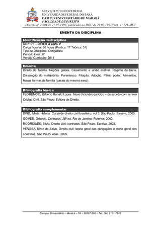 SERVIÇO PÚBLICO FEDERAL
UNIVERSIDADE FEDERAL DO PARÁ
CAMPUS UNIVERSITÁRIO DE MARABÁ
FACULDADE DE DIREITO
Decreto n° 4.904 de 27.07.1993, publicado no DOU de 29.07.1993/Port. n° 721-MEC
Campus Universitário – Marabá – PA – 68507-590 – Tel.: (94) 2101-7142
EMENTA DA DISCIPLINA
Identificação da disciplina
DI07101 – DIREITO CIVIL V
Carga horária: 68 horas (Prática: 17 Teórica: 51)
Tipo de Disciplina: Obrigatória
Período Ideal: 6°
Versão Curricular: 2011
Ementa
Direito de família. Noções gerais. Casamento e união estável. Regime de bens.
Dissolução do matrimônio. Parentesco. Filiação. Adoção. Pátrio poder. Alimentos.
Novas formas de família (casais do mesmo sexo).
Bibliografia básica
FLORÊNCIO, Gilberto Ronald Lopes. Novo dicionário jurídico – de acordo com o novo
Código Civil. São Paulo: Editora de Direito.
Bibliografia complementar
DINIZ, Maria Helena. Curso de direito civil brasileiro, vol 3. São Paulo: Saraiva, 2005.
GOMES, Orlando. Contratos. 25ª.ed. Rio de Janeiro: Forense, 2002.
RODRIGUES, Silvio. Direito civil: contratos. São Paulo: Saraiva, 2003.
VENOSA, Silvio de Salvo. Direito civil: teoria geral das obrigações e teoria geral dos
contratos. São Paulo: Atlas, 2005.
 