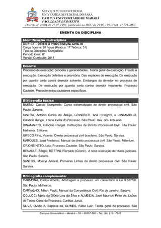 SERVIÇO PÚBLICO FEDERAL
UNIVERSIDADE FEDERAL DO PARÁ
CAMPUS UNIVERSITÁRIO DE MARABÁ
FACULDADE DE DIREITO
Decreto n° 4.904 de 27.07.1993, publicado no DOU de 29.07.1993/Port. n° 721-MEC
Campus Universitário – Marabá – PA – 68507-590 – Tel.: (94) 2101-7142
EMENTA DA DISCIPLINA
Identificação da disciplina
DI07103 – DIREITO PROCESSUAL CIVIL III
Carga horária: 68 horas (Prática: 17 Teórica: 51)
Tipo de Disciplina: Obrigatória
Período Ideal: 6°
Versão Curricular: 2011
Ementa
Processo de execução: conceito e generalidades. Teoria geral da execução. Fraude à
execução. Execução definitiva e provisória. Das espécies de execução. Da execução
por quantia certa contra devedor solvente. Embargos do devedor no processo de
execução. Da execução por quantia certa contra devedor insolvente. Processo
Cautelar. Procedimentos cautelares específicos.
Bibliografia básica
BUENO, Cassio Scarpinella. Curso sistematizado de direito processual civil. São
Paulo: Saraiva.
CINTRA, Antonio Carlos de Araújo, GRINOVER, Ada Pellegrini, e DINAMARCO,
Cândido Rangel. Teoria Geral do Processo. São Paulo: Rev. dos Tribunais.
DINAMARCO, Cândido Rangel. Instituições de Direito Processual Civil. São Paulo:
Malheiros Editores.
GRECO Filho, Vicente. Direito processual civil brasileiro. São Paulo: Saraiva.
MARQUES, José Frederico, Manual de direito processual civil. São Paulo: Millenium.
ORIONE NETO, Luiz. Processo Cautelar. São Paulo: Saraiva.
RENAULT, Sérgio; BOTTINI, Pierpado (Coord.). A nova execução de títulos judiciais.
São Paulo: Saraiva.
SANTOS, Moacyr Amaral, Primeiras Linhas de direito processual civil. São Paulo:
Saraiva.
Bibliografia complementar
CARMONA, Carlos Alberto, Arbitragem e processo: um comentário à Lei 9.307/96.
São Paulo: Malheiros.
CARVALHO, Milton Paulo, Manual da Competência Civil. Rio de Janeiro: Saraiva.
COLUCCI, Maria da Glória Lins da Silva e ALMEIDA, José Maurício Pinto de, Lições
de Teoria Geral do Processo. Curitiba: Juruá.
SILVA, Ovídio A. Baptista da, GOMES, Fábio Luiz, Teoria geral do processo. São
 