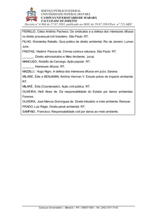 SERVIÇO PÚBLICO FEDERAL
UNIVERSIDADE FEDERAL DO PARÁ
CAMPUS UNIVERSITÁRIO DE MARABÁ
FACULDADE DE DIREITO
Decreto n° 4.904 de 27.07.1993, publicado no DOU de 29.07.1993/Port. n° 721-MEC
Campus Universitário – Marabá – PA – 68507-590 – Tel.: (94) 2101-7142
FIORILLO, Celso Antônio Pacheco. Os sindicatos e a defesa dos interesses difusos
no direito processual civil brasileiro. São Paulo: RT.
FILHO, Wanderley Rebello. Guia prático de direito ambiental. Rio de Janeiro: Lumen
Juris.
FREITAS, Vladimir Passos de. Crimes contra a natureza. São Paulo: RT.
_______. Direito administrativo e Meio Ambiente. Juruá.
MANCUSO, Rodolfo de Camargo. Ação popular. RT.
_______. Interesses difusos. RT.
MAZZILLI, Hugo Nigro. A defesa dos interesses difusos em juízo. Saraiva.
MILARÉ, Édis e BENJAMIN, Antônio Herman V. Estudo prévio de impacto ambiental.
RT.
MILARÉ, Édis (Coordenador). Ação civil pública. RT.
OLIVEIRA, Helli Alves de. Da responsabilidade do Estado por danos ambientais.
Forense.
OLIVEIRA, José Marcos Domingues de. Direito tributário e meio ambiente. Renovar.
PRADO, Luiz Régis. Direito penal ambiental. RT.
SAMPAIO, Francisco. Responsabilidade civil por danos ao meio ambiente.
 