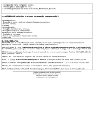 - Composição etária e impactos sociais.
- Distribuição da população Por sexo.
- Atividades geológicas no Brasil: vulcanismo, terremotos, tsunami.



4. AVALIAÇÃO (critérios, processo, ponderação e recuperação):

-Aulas expositivas;
-Discussão de textos a partir de leituras individuais e/ou coletivas;
-Resumos teóricos;
-Debates;
-Avaliação rápida;
-Avaliações individuais e/ou em grupo;
-Avaliação individual de conhecimento;
-Vídeo sobre temas abordado no bimestre;
-Resolução de exercícios;
-Aula de campo/estudo do meio/aula em campo
-Seminários.

5. BIBLIOGRAFIA:
CAVALCANTI, Lana de Sousa. “A Geografia escolar e a cidade: ensaios sobre o ensino de geografia para a vida urbana cotidiana”.
Campinas, SP: Papiros, 2008. – (Coleção magistério: Formação e Trabalho Pedagógico)

CASTROGIOVANNI, A. Carlos. Para entender a necessidade de práticas prazerosas no ensino de geografia na pós-modernidade.
In: GEOGRAFIA, práticas pedagógicas para o ensino médio. REGO, Nelson; KAERCHER, N. A. (Org.). p. 35-47. Porto Alegre: Artmed, 2007.

CEARÁ, Secretaria da Educação. Metodologias de apoio: áreas de ciências humanas e suas tecnologias.- Fortaleza: SEDUC, 2008. (Coleção
Escola Aprendente – Volume 4)

DAMIANI, A.L. (2009) População e geografia. 9. Ed. São Paulo: contexto – (Caminhos da Geografia)

ROSS, J. L. S (org.). Os Fundamentos da Geografia da Natureza. In: Geografia do Brasil. SP: Edusp, 2005.- (Didática; 3). 5ed.

SANTOS, M. Por uma outra globalização: do pensamento único à consciência universal. 12 ed. – Rio de Janeiro: Recorde, 2005.

SPÓSITO, M.E.B. Capitalismo e urbanização. 15 ed. São Paulo: contexto, 2008. (Repensando a Geografia)

SILVA, José Borzacciello da; CAVALCANTE, Tércia Correia (orgs.). Atlas Escolar do Ceará. João Pessoa, Ed. Grafiset, 2004. (3ed.).
               _______________________________________________________________________________________
                                                Escola de Ensino Médio Eliezer de Freitas Guimarães
                                               Rua 145, S/N – Conjunto Nova Metrópole - Caucaia-Ce
                                                     CNPJ:01653170/0012-90 Fone: 3101.3043
                                                      blog: www.eliezerdefreitas.blogspot.com
 