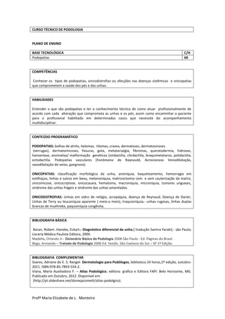 Profª Maria Elizabete de L. Monteiro
CURSO TÉCNICO DE PODOLOGIA
PLANO DE ENSINO
BASE TECNOLÓGICA C/H
Podopatias 60
COMPETÊNCIAS
Conhecer os tipos de podopatias, onicodistrofias ou afecções nas doenças sistêmicas e onicopatias
que comprometem a saúde dos pés e das unhas.
HABILIDADES
Entender o que são podopatias e ter o conhecimento técnico de como atuar profissionalmente de
acordo com cada alteração que comprometa as unhas e os pés, assim como encaminhar o paciente
para o profissional habilitado em determinados casos que necessite do acompanhamento
multidisciplinar.
CONTEÚDO PROGRAMÁTICO
PODOPATIAS: bolhas de atrito, helomas, tilomas, cravos, dermatoses, dermatoviroses
(verrugas), dermatomicoses, fissuras, gota, metatarsalgia, fibromas, queratodermia, hidroses,
hanseníase, anomalias/ malformação genéticas (sindactilia, clindactilia, braquimetatarso, polidactilia,
ectodactilia. Podopatias vasculares (Fenômeno de Raynauld, Acrocianose Venodilatação,
vasodilatação de veias, gangrena).
ONICOPATIAS: classificação morfológica da unha, anoníquia, baqueteamento, hemorragia em
estilhaços, linhas e sulcos em beau, melanoníquia, matricectomia com e sem cauterização da matriz,
onicomicose, onicocriptose, onicocauxia, hematoma, macroníquia, microníquia, tumores ungueais,
síndrome das unhas frágeis e síndrome das unhas amareladas.
ONICODISTROFIAS: Unhas em vidro de relógio, acropáquia, doença de Reynaud, Doença de Darier,
Unhas de Terry ou leuconiquia aparente ( meio-a meio), traquioníquia,- unhas rugosas, linhas duplas
brancas de muehreke, paquioníquia congênita.
BIBLIOGRAFIA BÁSICA
Baran, Robert. Haneke, Eckart.- Diagnóstico diferencial da unha;[ tradução Samira Yaraki].- são Paulo;
Livraria Médica Paulista Editora, 2009.
Madella, Orlando Jr.- Dicionário Básico de Podologia 2008 São Paulo - Ed. Páginas do Brasil.
Bega, Armando – Tratado de Podologia 2006 Ed. Yendis. São Caetano do Sul – SP 1º Edição.
BIBLIOGRAFIA COMPLEMENTAR
Soares, Adriane do E. S. Rangel- Dermatologia para Podólogos, biblioteca 24 horas,1º edição, outubro-
2011. ISBN:978-85-7893-554-2.
Viana, Maria Auxiliadora F. – Atlas Podológico; editora: gráfica e Editora FAPI. Belo Horizonte, MG.
Publicado em Outubro, 2012. Disponível em:
(http://pt.slideshare.net/dionejacomelli/atlas-podolgico).
 
