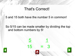 That's Correct!

5 and 15 both have the number 5 in common!


So 5/15 can be made smaller by dividing the top
 and bottom numbers by 5!


                5          1
               15        = 3
 