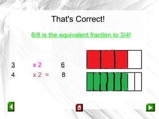 That's Correct!
    6/8 is the equivalent fraction to 3/4!



3   x2         6
4   x2 =       8
 